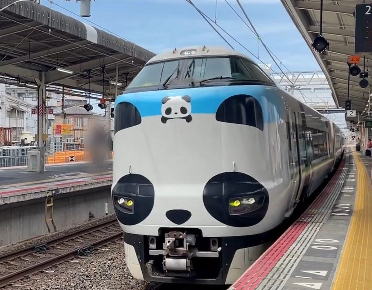日根野駅のホームに停まるパンダくろしお（サステナブルSmileトレイン）の正面
