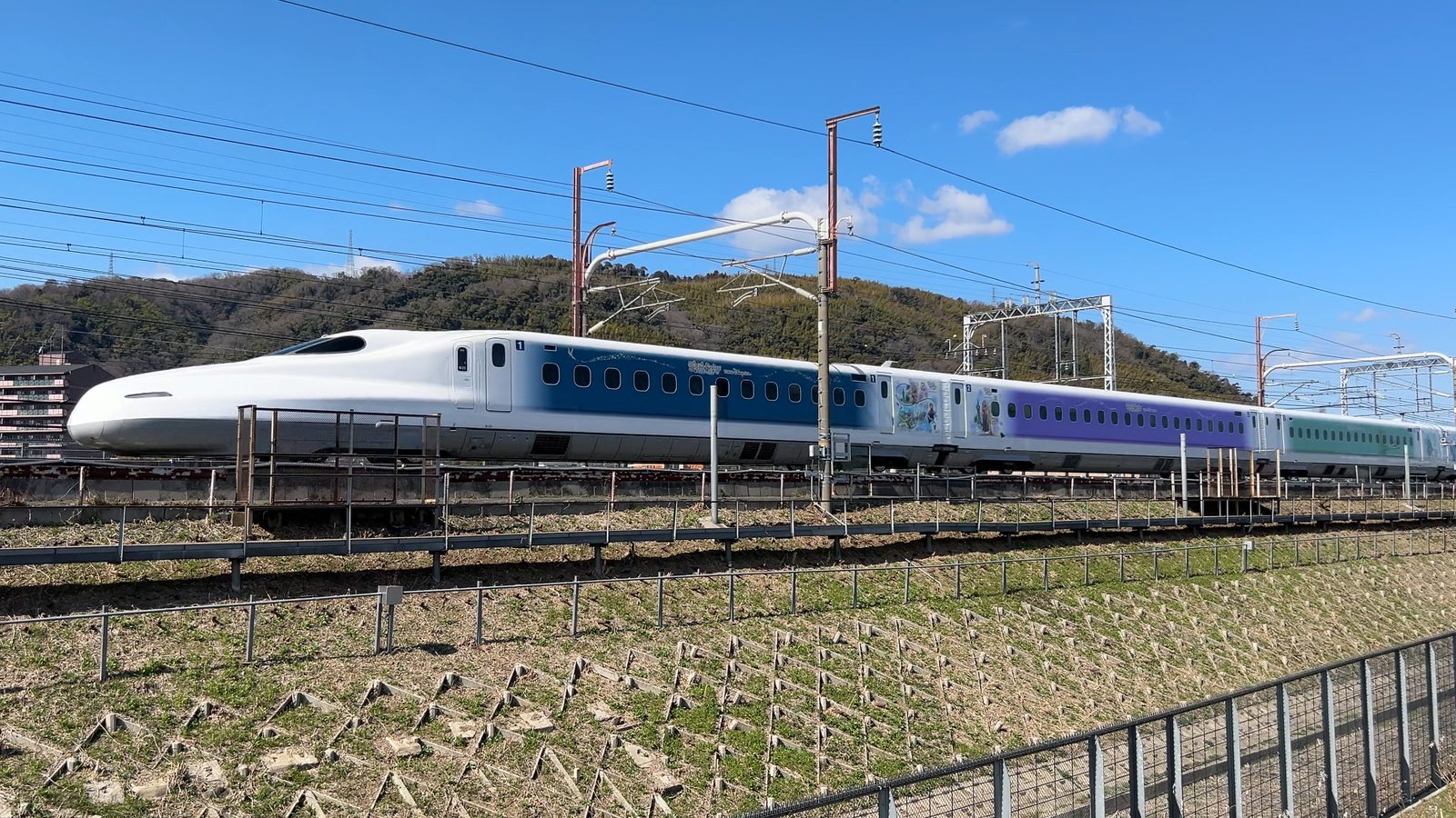 水無瀬川緑地公園の近く、道路ぞいから見た築堤を走る東海道新幹線（ラッピング編成）。防音壁がなく車体が丸見え