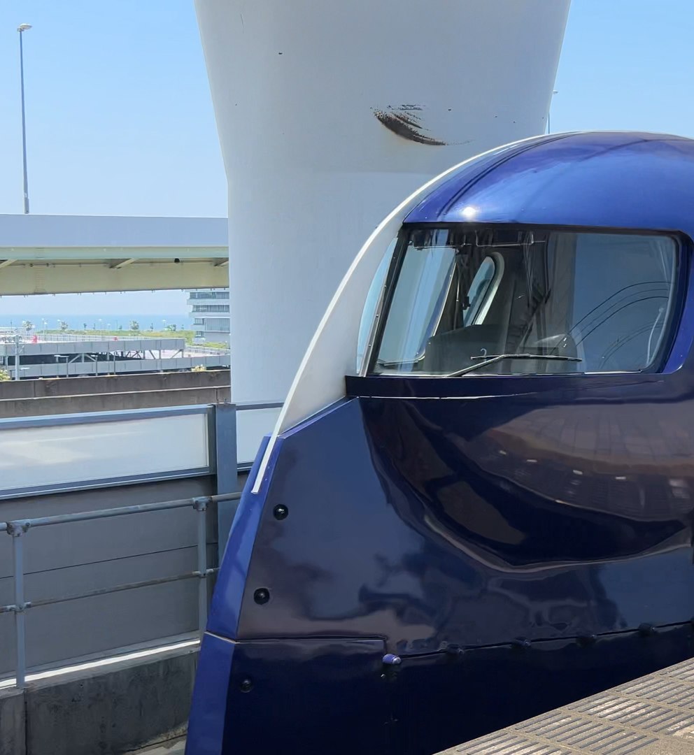 りんくうタウン駅の南海ラピート（青くて丸い特徴的な顔・背景は関西空港連絡橋と海）